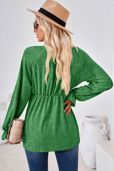 Ruched Round Neck Flounce Sleeve Blouse-Timber Brooke Boutique, Online Women's Fashion Boutique in Amarillo, Texas