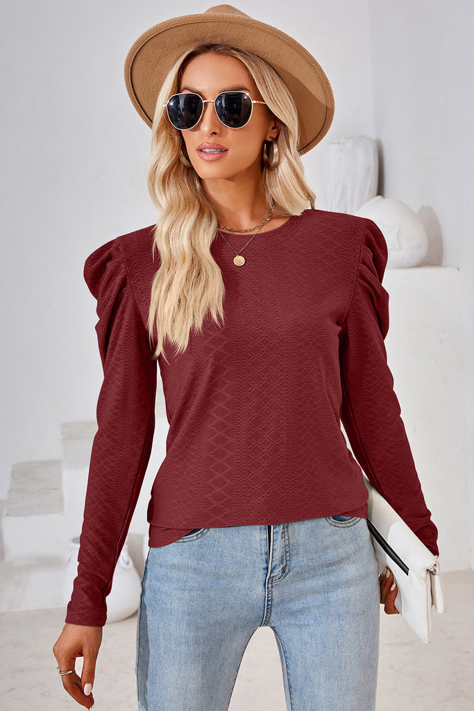 Round Neck Puff Sleeve Blouse-Timber Brooke Boutique, Online Women's Fashion Boutique in Amarillo, Texas