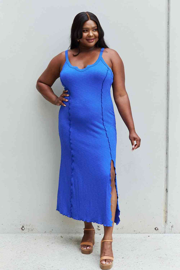 Culture Code Look At Me Full Size Notch Neck Maxi Dress with Slit in Cobalt Blue-Timber Brooke Boutique, Online Women's Fashion Boutique in Amarillo, Texas