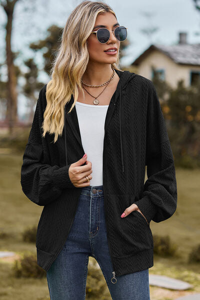 Drawstring Zip Up Dropped Shoulder Hoodie-Timber Brooke Boutique, Online Women's Fashion Boutique in Amarillo, Texas