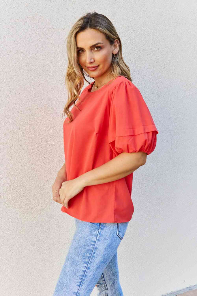 Petal Dew Sweet Innocence Full Size Puff Short Sleeve Top In Tomato-Timber Brooke Boutique, Online Women's Fashion Boutique in Amarillo, Texas