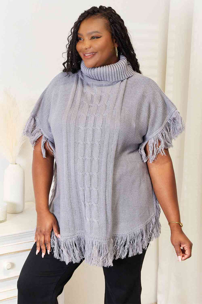 Justin Taylor Turtle Neck Fringe Poncho-Timber Brooke Boutique, Online Women's Fashion Boutique in Amarillo, Texas