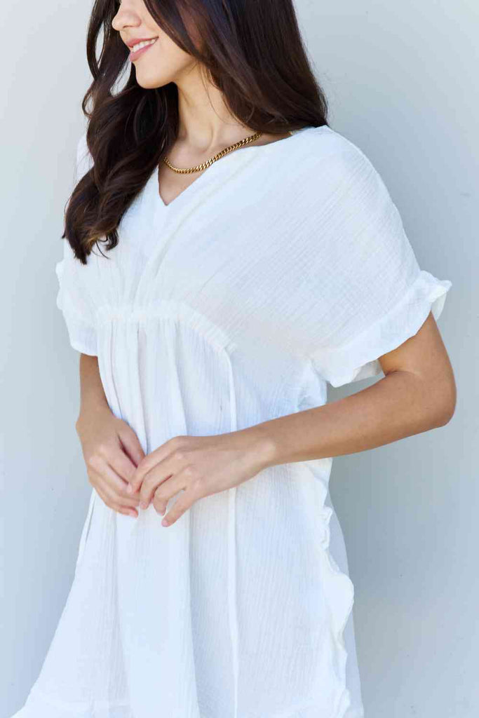 Ninexis Out Of Time Full Size Ruffle Hem Dress with Drawstring Waistband in White-Timber Brooke Boutique, Online Women's Fashion Boutique in Amarillo, Texas