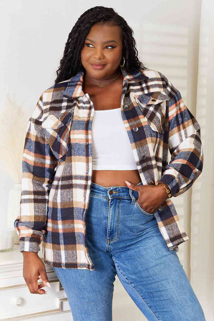 Double Take Plaid Button Front Shirt Jacket with Breast Pockets-Timber Brooke Boutique, Online Women's Fashion Boutique in Amarillo, Texas