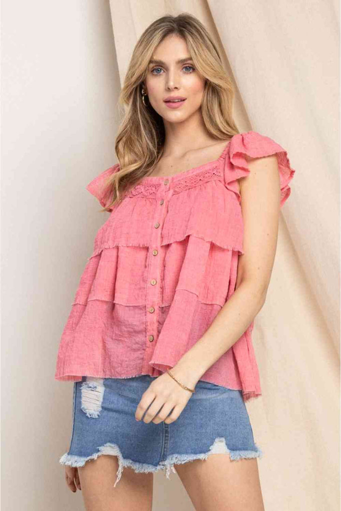 ODDI Full Size Buttoned Ruffled Top-Timber Brooke Boutique, Online Women's Fashion Boutique in Amarillo, Texas
