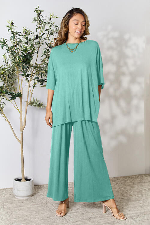 Double Take Full Size Round Neck Slit Top and Pants Set-Timber Brooke Boutique, Online Women's Fashion Boutique in Amarillo, Texas