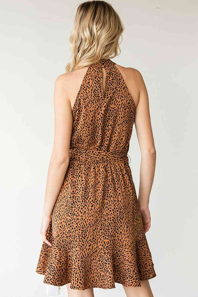 First Love Full Size Leopard Belted Sleeveless Dress-Timber Brooke Boutique, Online Women's Fashion Boutique in Amarillo, Texas