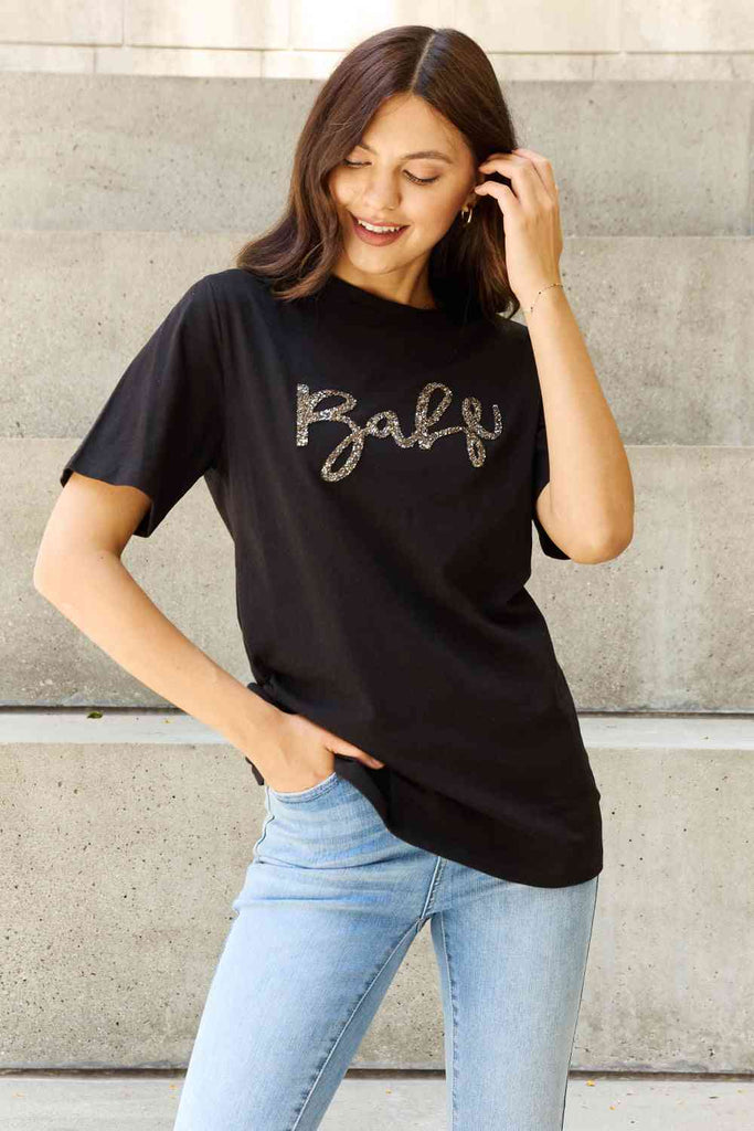 Davi & Dani "Babe" Full Size Glitter Lettering Printed T-Shirt in Black-Timber Brooke Boutique, Online Women's Fashion Boutique in Amarillo, Texas