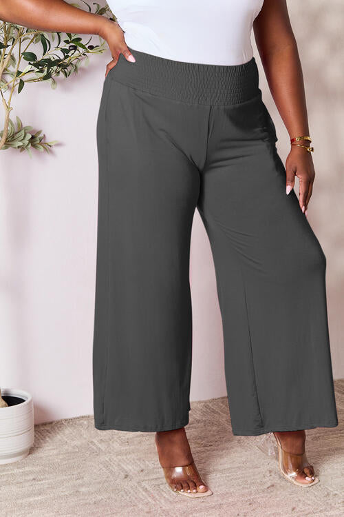 Double Take Full Size Smocked Wide Waistband Wide Leg Pants-Timber Brooke Boutique, Online Women's Fashion Boutique in Amarillo, Texas