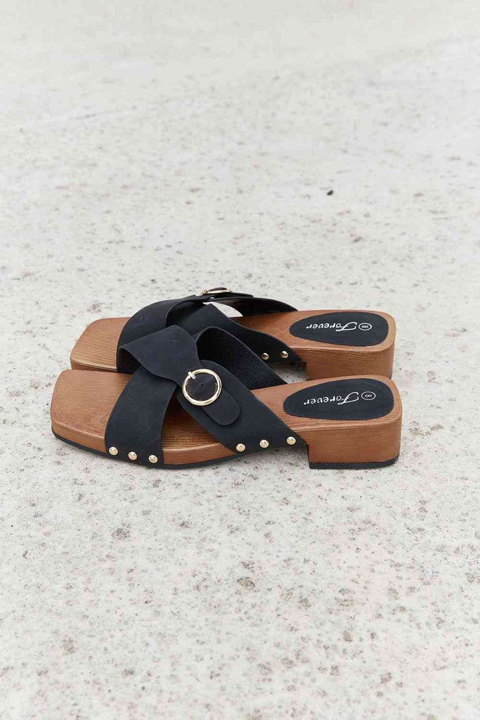 Forever Link Square Toe Cross Strap Buckle Clog Sandal in Black-Timber Brooke Boutique, Online Women's Fashion Boutique in Amarillo, Texas