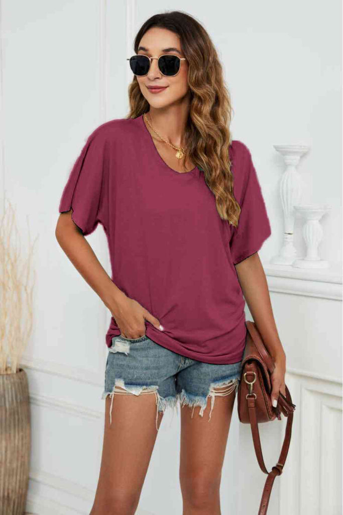 V-Neck Side Ruched Tee-Timber Brooke Boutique, Online Women's Fashion Boutique in Amarillo, Texas