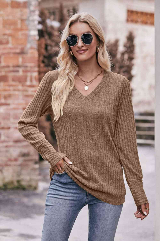 Double Take V-Neck Long Sleeve Ribbed Top-Timber Brooke Boutique, Online Women's Fashion Boutique in Amarillo, Texas