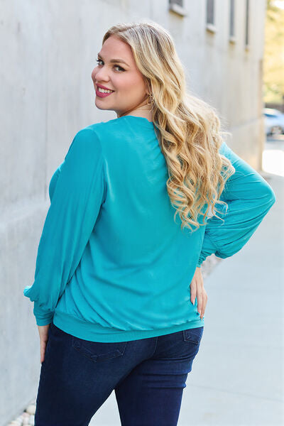 Basic Bae Full Size V-Neck Lantern Sleeve Blouse-Timber Brooke Boutique, Online Women's Fashion Boutique in Amarillo, Texas
