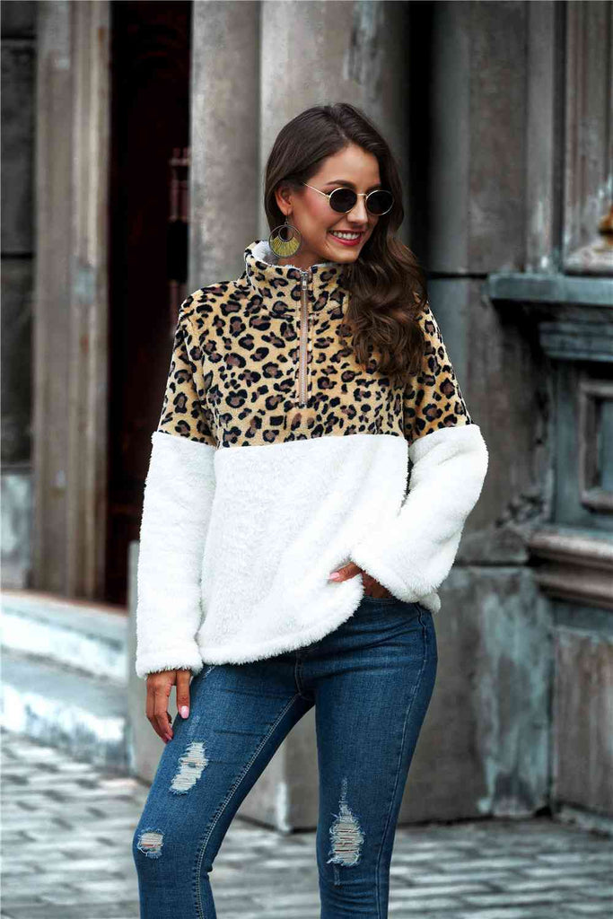 Leopard Color Block Half-Zip Collar Teddy Sweatshirt-Timber Brooke Boutique, Online Women's Fashion Boutique in Amarillo, Texas