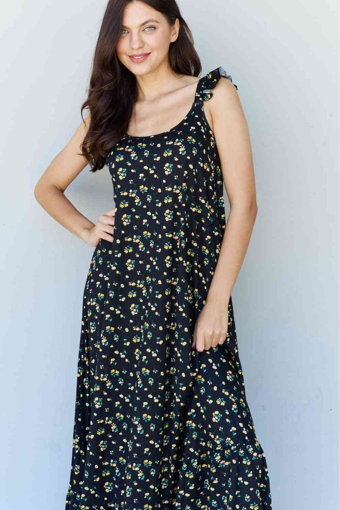 Doublju In The Garden Ruffle Floral Maxi Dress in Black Yellow Floral-Timber Brooke Boutique, Online Women's Fashion Boutique in Amarillo, Texas
