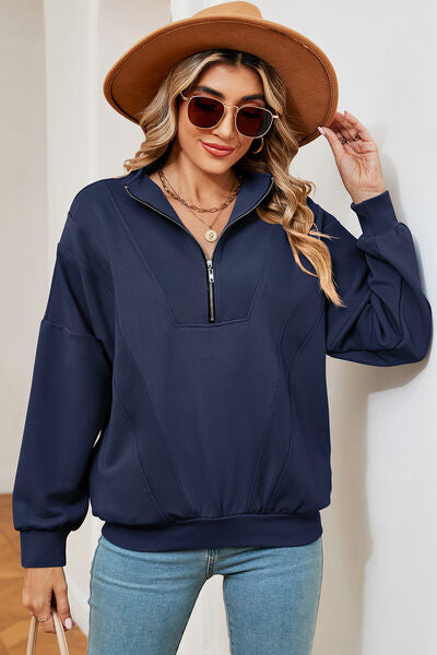 Half Zip Dropped Shoulder Sweatshirt-Timber Brooke Boutique, Online Women's Fashion Boutique in Amarillo, Texas