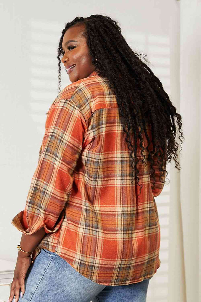 Double Take Plaid Dropped Shoulder Shirt-Timber Brooke Boutique, Online Women's Fashion Boutique in Amarillo, Texas