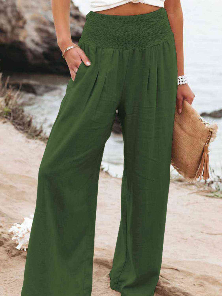 Full Size Smocked Waist Wide Leg Pants-Timber Brooke Boutique, Online Women's Fashion Boutique in Amarillo, Texas