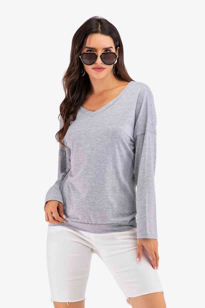 V-Neck Drop Shoulder Open Back Sweatshirt-Timber Brooke Boutique, Online Women's Fashion Boutique in Amarillo, Texas