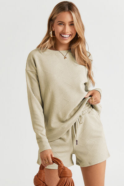 Double Take Full Size Texture Long Sleeve Top and Drawstring Shorts Set-Timber Brooke Boutique, Online Women's Fashion Boutique in Amarillo, Texas