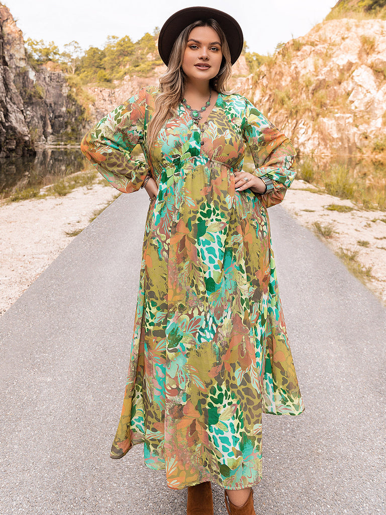 Plus Size Floral V-Neck Long Sleeve Dress-Timber Brooke Boutique, Online Women's Fashion Boutique in Amarillo, Texas