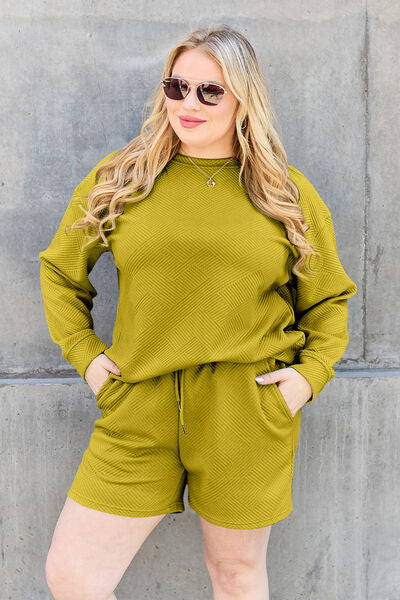 Double Take Full Size Texture Long Sleeve Top and Drawstring Shorts Set-Timber Brooke Boutique, Online Women's Fashion Boutique in Amarillo, Texas