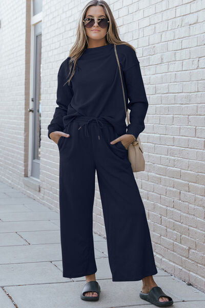 Double Take Full Size Textured Long Sleeve Top and Drawstring Pants Set-Timber Brooke Boutique, Online Women's Fashion Boutique in Amarillo, Texas
