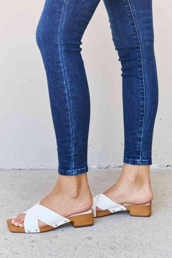 Weeboo Step Into Summer Criss Cross Wooden Clog Mule in White-Timber Brooke Boutique, Online Women's Fashion Boutique in Amarillo, Texas