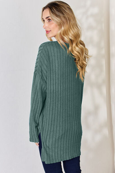 Basic Bae Full Size Ribbed Half Button Long Sleeve High-Low T-Shirt-Timber Brooke Boutique, Online Women's Fashion Boutique in Amarillo, Texas