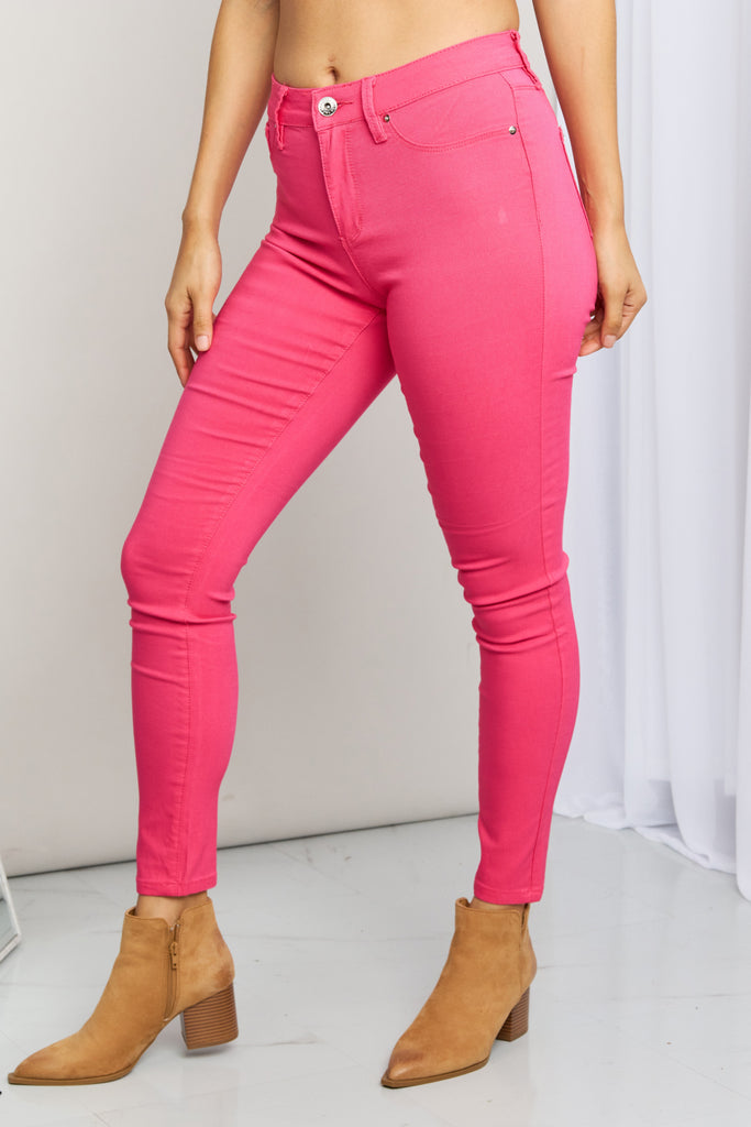 YMI Jeanswear Kate Hyper-Stretch Full Size Mid-Rise Skinny Jeans in Fiery Coral-Timber Brooke Boutique, Online Women's Fashion Boutique in Amarillo, Texas