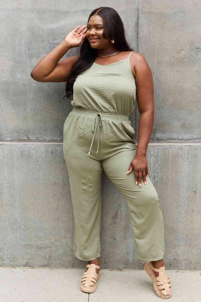 ODDI Full Size Textured Woven Jumpsuit in Sage-Timber Brooke Boutique, Online Women's Fashion Boutique in Amarillo, Texas