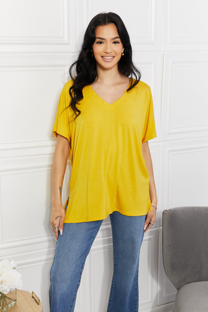 Yelete Full Size V-Neck Side Slit Tee-Timber Brooke Boutique, Online Women's Fashion Boutique in Amarillo, Texas