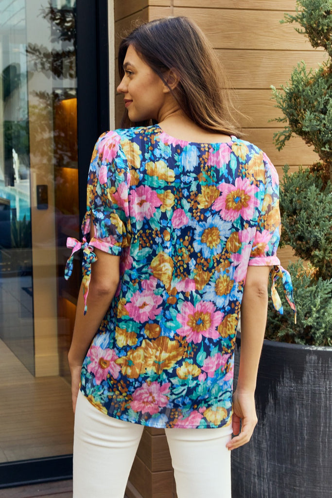 Petal Dew Full Size Floral V-Neck Tie Detail Blouse-Timber Brooke Boutique, Online Women's Fashion Boutique in Amarillo, Texas