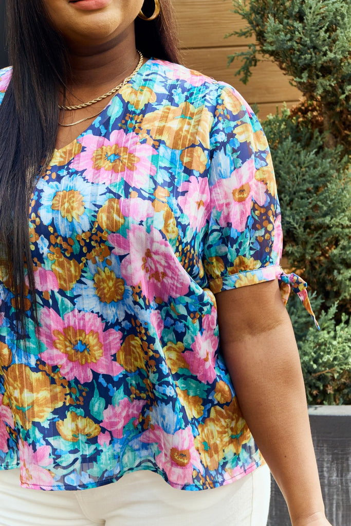 Petal Dew Full Size Floral V-Neck Tie Detail Blouse-Timber Brooke Boutique, Online Women's Fashion Boutique in Amarillo, Texas
