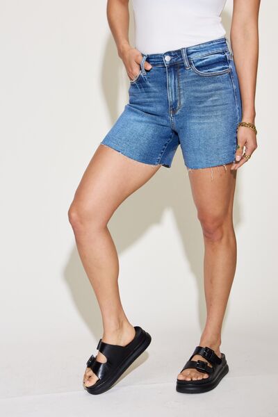 Judy Blue Full Size High Waist Slim Denim Shorts-Timber Brooke Boutique, Online Women's Fashion Boutique in Amarillo, Texas
