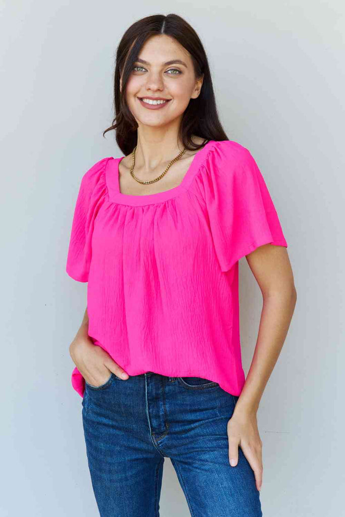 Ninexis Keep Me Close Square Neck Short Sleeve Blouse in Fuchsia-Timber Brooke Boutique, Online Women's Fashion Boutique in Amarillo, Texas