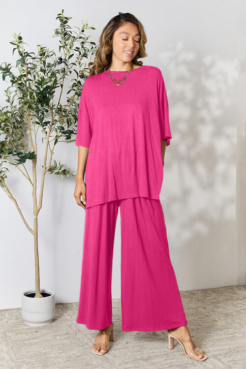 Double Take Full Size Round Neck Slit Top and Pants Set-Timber Brooke Boutique, Online Women's Fashion Boutique in Amarillo, Texas