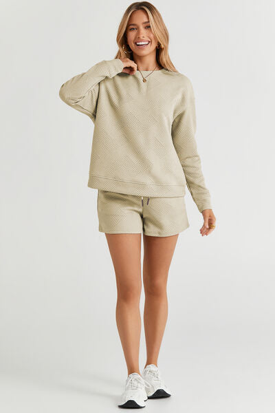 Double Take Full Size Texture Long Sleeve Top and Drawstring Shorts Set-Timber Brooke Boutique, Online Women's Fashion Boutique in Amarillo, Texas