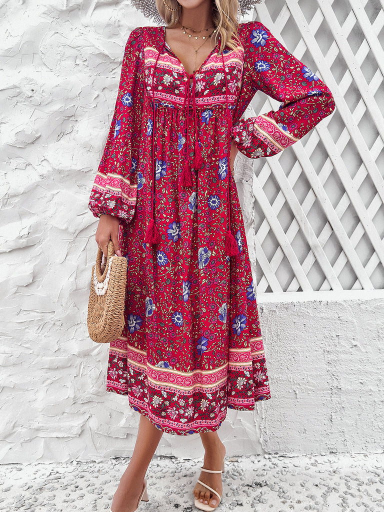 Tassel Tied Printed Long Sleeve Dress-Timber Brooke Boutique, Online Women's Fashion Boutique in Amarillo, Texas