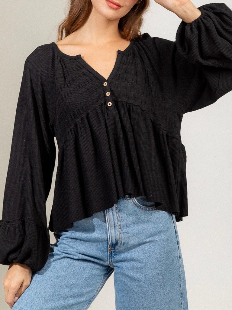 Notched Balloon Sleeve Peplum Blouse-Timber Brooke Boutique, Online Women's Fashion Boutique in Amarillo, Texas