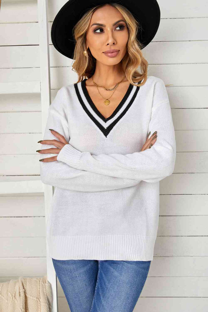 Contrast Detail V-Neck Dropped Shoulder Knit Pullover-Timber Brooke Boutique, Online Women's Fashion Boutique in Amarillo, Texas