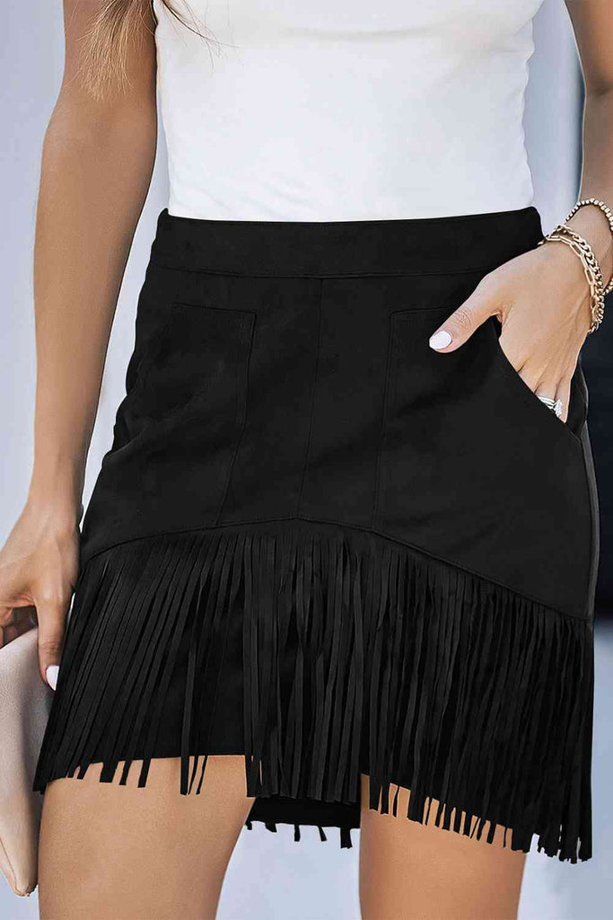 Fringe Detail Zip-Back Skirt with Pockets-Timber Brooke Boutique, Online Women's Fashion Boutique in Amarillo, Texas