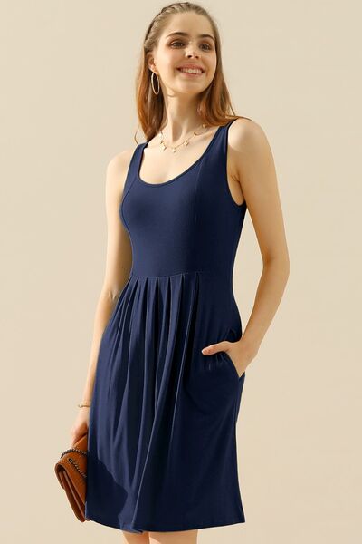 Doublju Full Size Round Neck Ruched Sleeveless Dress with Pockets-Timber Brooke Boutique, Online Women's Fashion Boutique in Amarillo, Texas