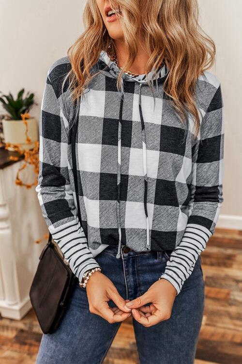 Plaid Drawstring Long Sleeve Hoodie-Timber Brooke Boutique, Online Women's Fashion Boutique in Amarillo, Texas