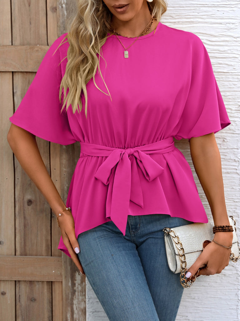 Tied Round Neck Half Sleeve Blouse-Timber Brooke Boutique, Online Women's Fashion Boutique in Amarillo, Texas