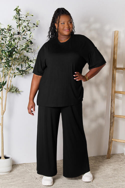 Double Take Full Size Round Neck Slit Top and Pants Set-Timber Brooke Boutique, Online Women's Fashion Boutique in Amarillo, Texas