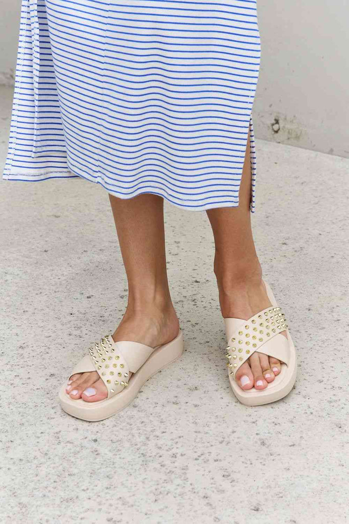 Forever Link Studded Cross Strap Sandals in Cream-Timber Brooke Boutique, Online Women's Fashion Boutique in Amarillo, Texas