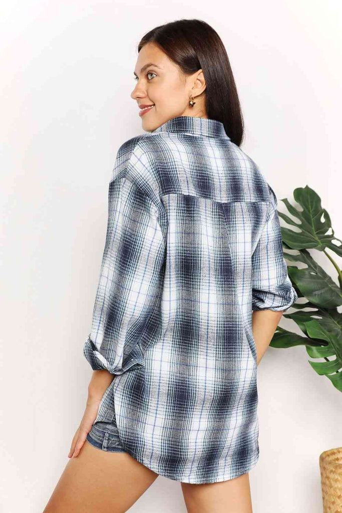 Double Take Plaid Dropped Shoulder Shirt-Timber Brooke Boutique, Online Women's Fashion Boutique in Amarillo, Texas