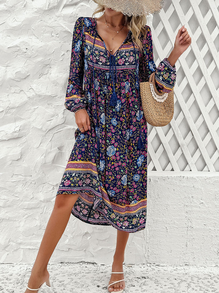 Tassel Tied Printed Long Sleeve Dress-Timber Brooke Boutique, Online Women's Fashion Boutique in Amarillo, Texas