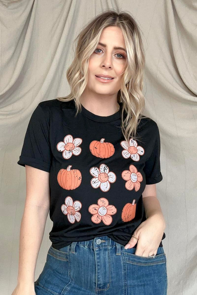 Pumpkin Flower Print Graphic Tee-T-shirts-Timber Brooke Boutique, Online Women's Fashion Boutique in Amarillo, Texas
